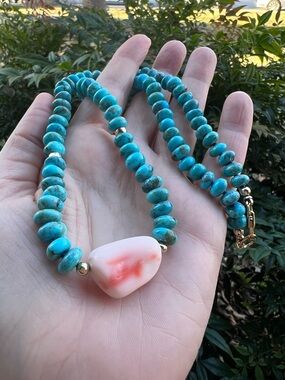 Kingman Turquoise Necklace Handknotted  with Coral